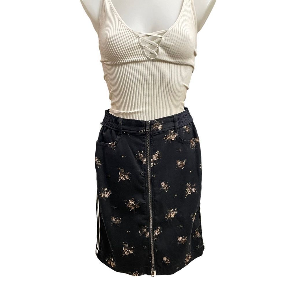 MARCCAIN black floral metallic zip down pencil‎ skirt stretchy size 3 New